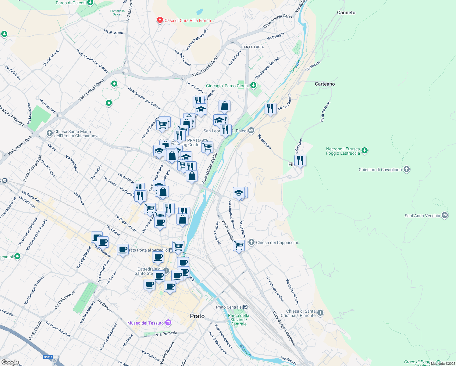 map of restaurants, bars, coffee shops, grocery stores, and more near 46 Via Giovanni Miniati in Prato