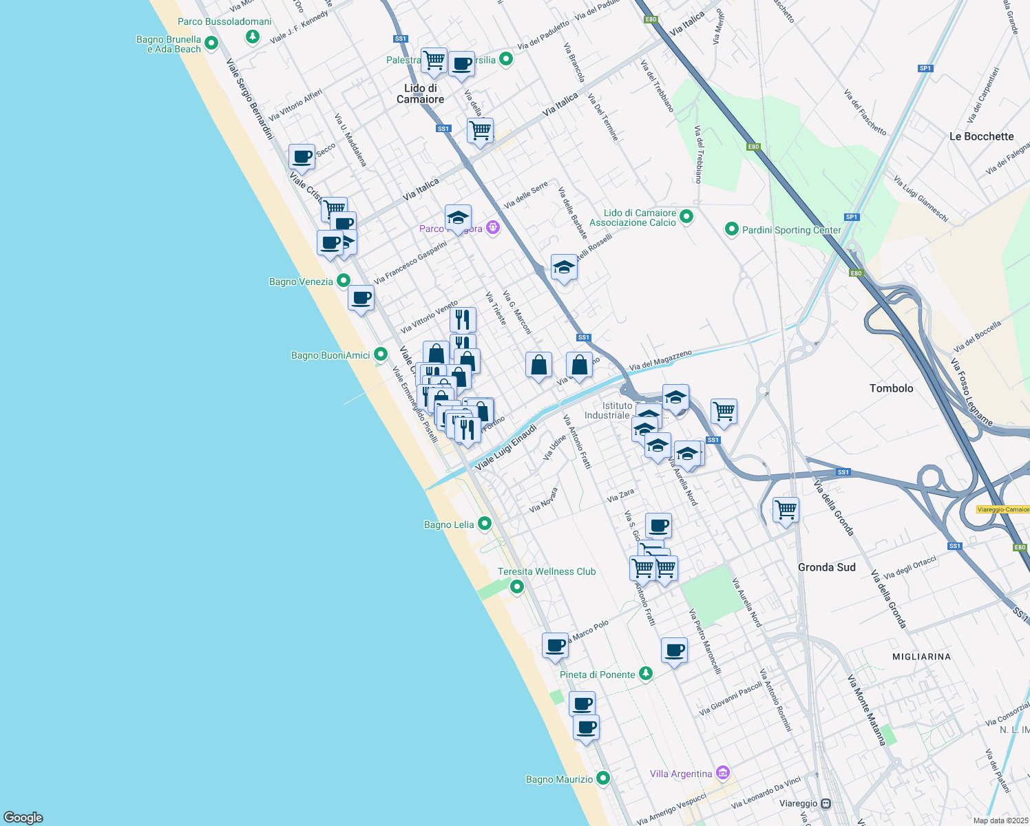 map of restaurants, bars, coffee shops, grocery stores, and more near 113 Via del Fortino in Camaiore