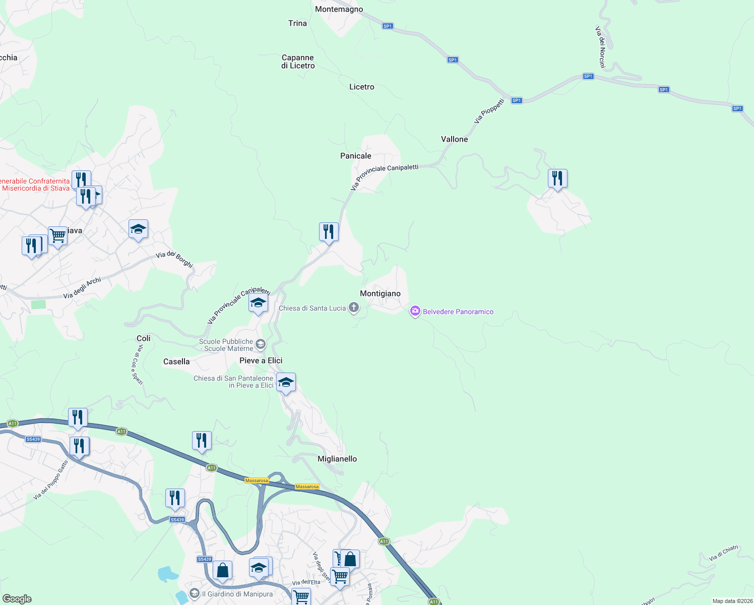 map of restaurants, bars, coffee shops, grocery stores, and more near 304 Via del Palazzetto in Montigiano