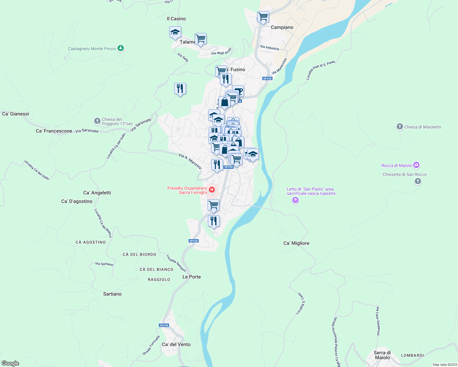 map of restaurants, bars, coffee shops, grocery stores, and more near 160 Via XXIV Maggio in Novafeltria