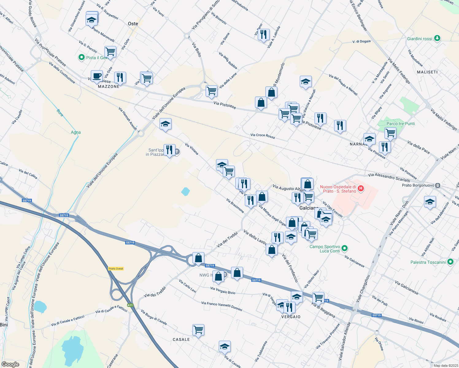 map of restaurants, bars, coffee shops, grocery stores, and more near 91 Via Visiana in Prato