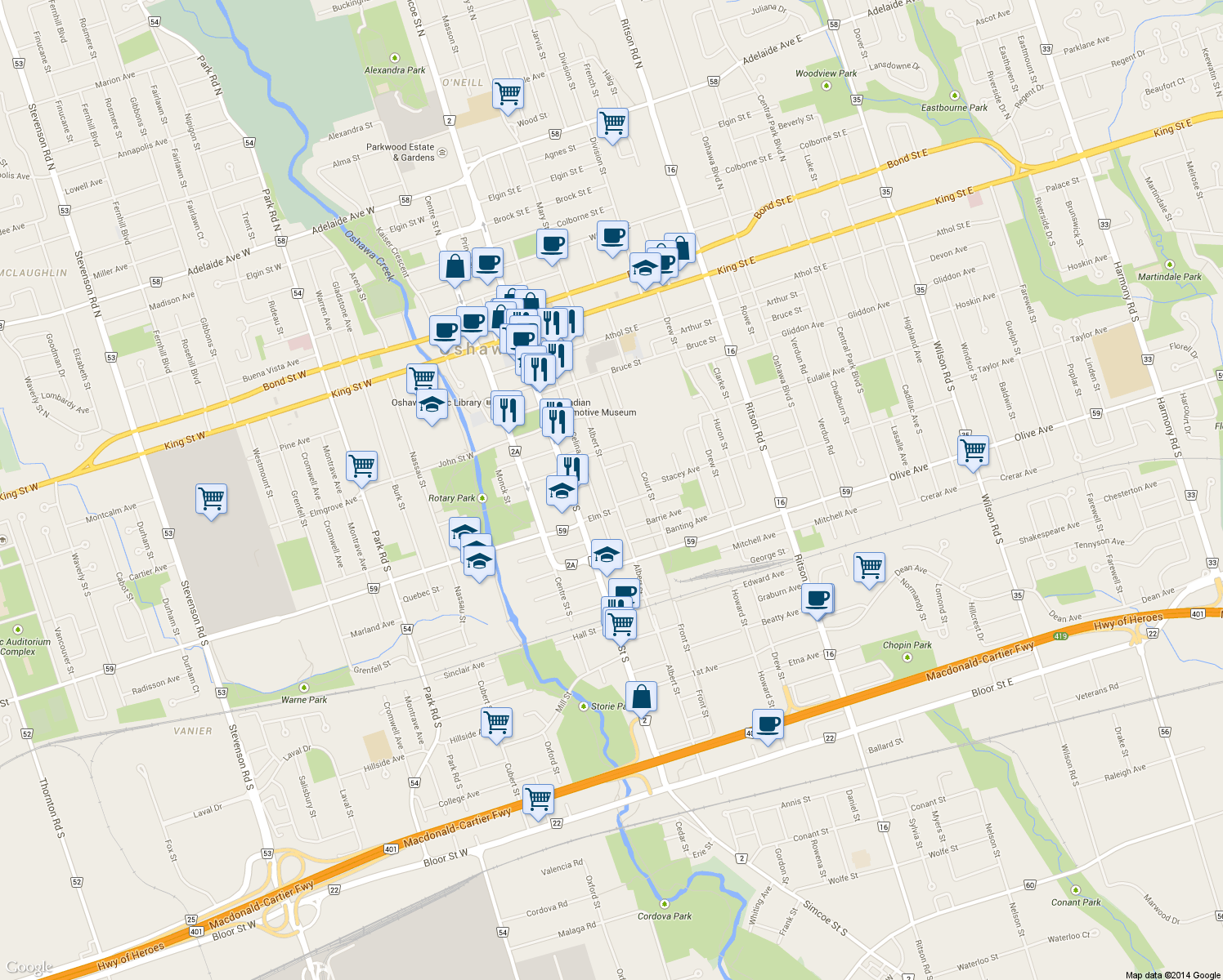 map of restaurants, bars, coffee shops, grocery stores, and more near 238 Albert St in Oshawa