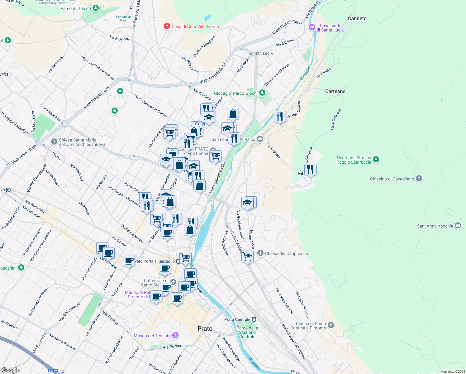 map of restaurants, bars, coffee shops, grocery stores, and more near 46 Via Giovanni Miniati in Prato