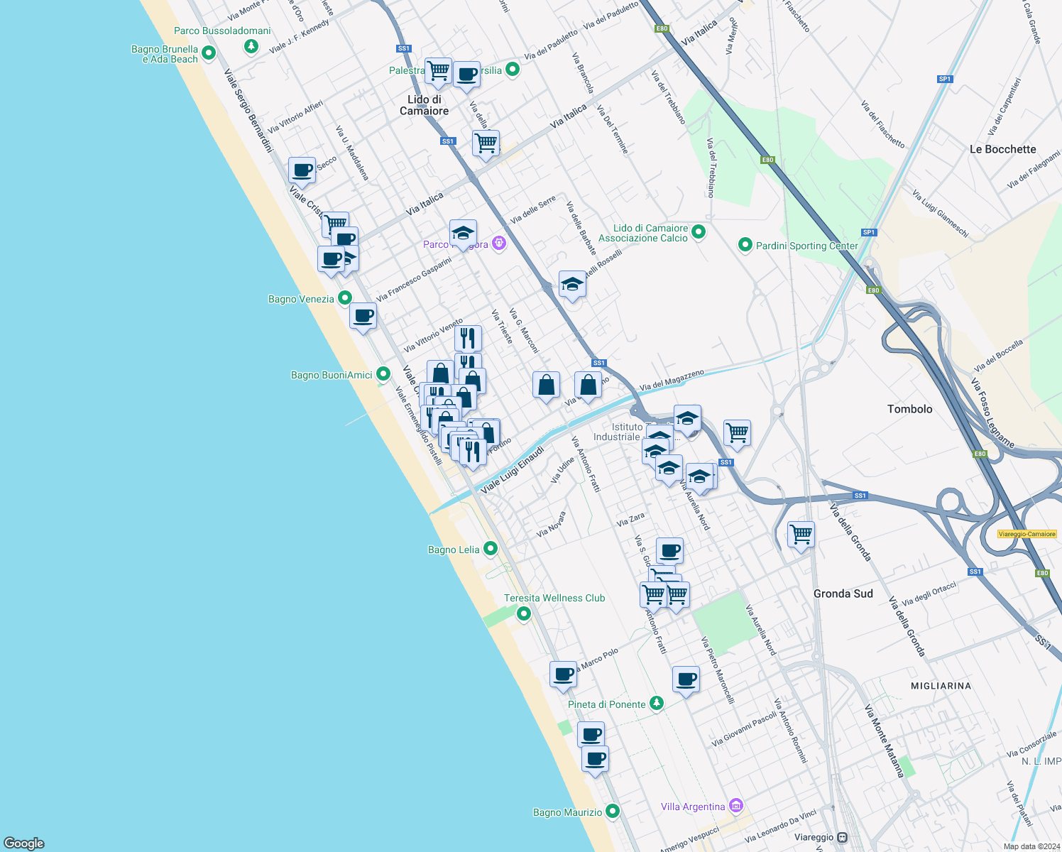 map of restaurants, bars, coffee shops, grocery stores, and more near 113 Via del Fortino in Camaiore