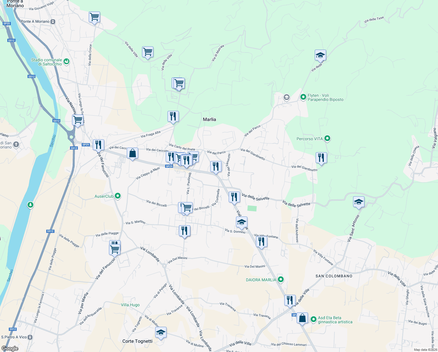 map of restaurants, bars, coffee shops, grocery stores, and more near 24 Via della Chiesa in Capannori