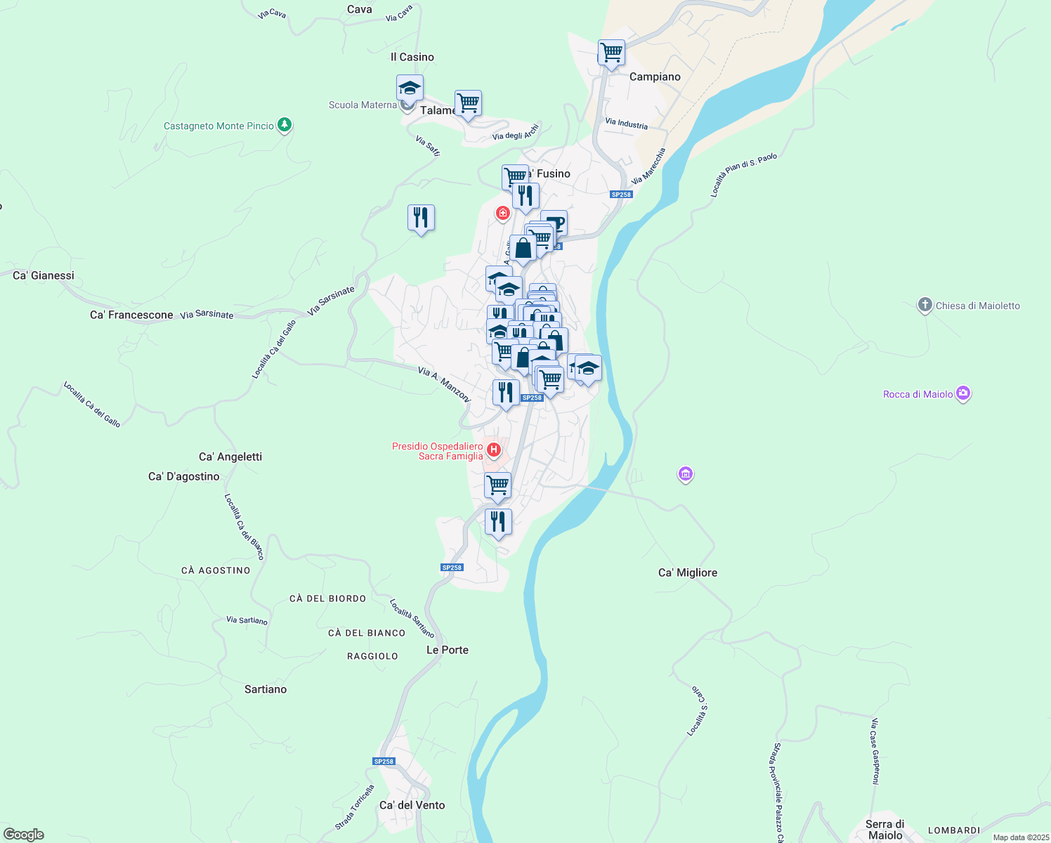 map of restaurants, bars, coffee shops, grocery stores, and more near 160 Via XXIV Maggio in Novafeltria