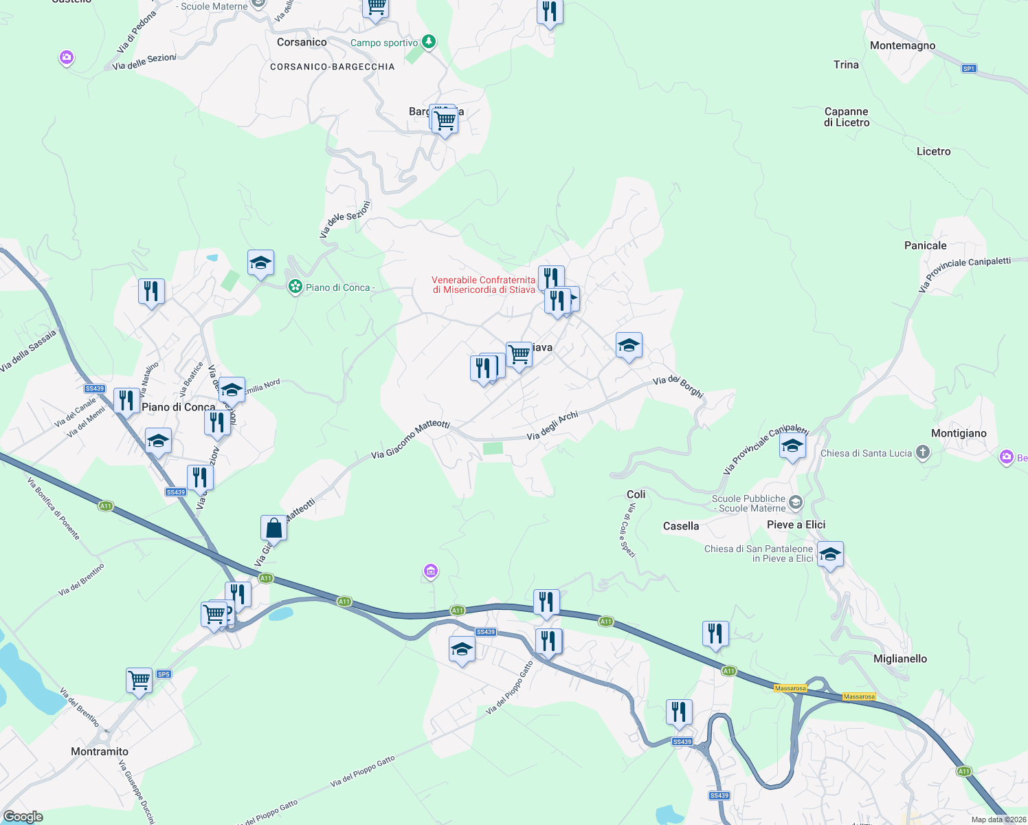 map of restaurants, bars, coffee shops, grocery stores, and more near 160E Via Emilia Sud in Stiava