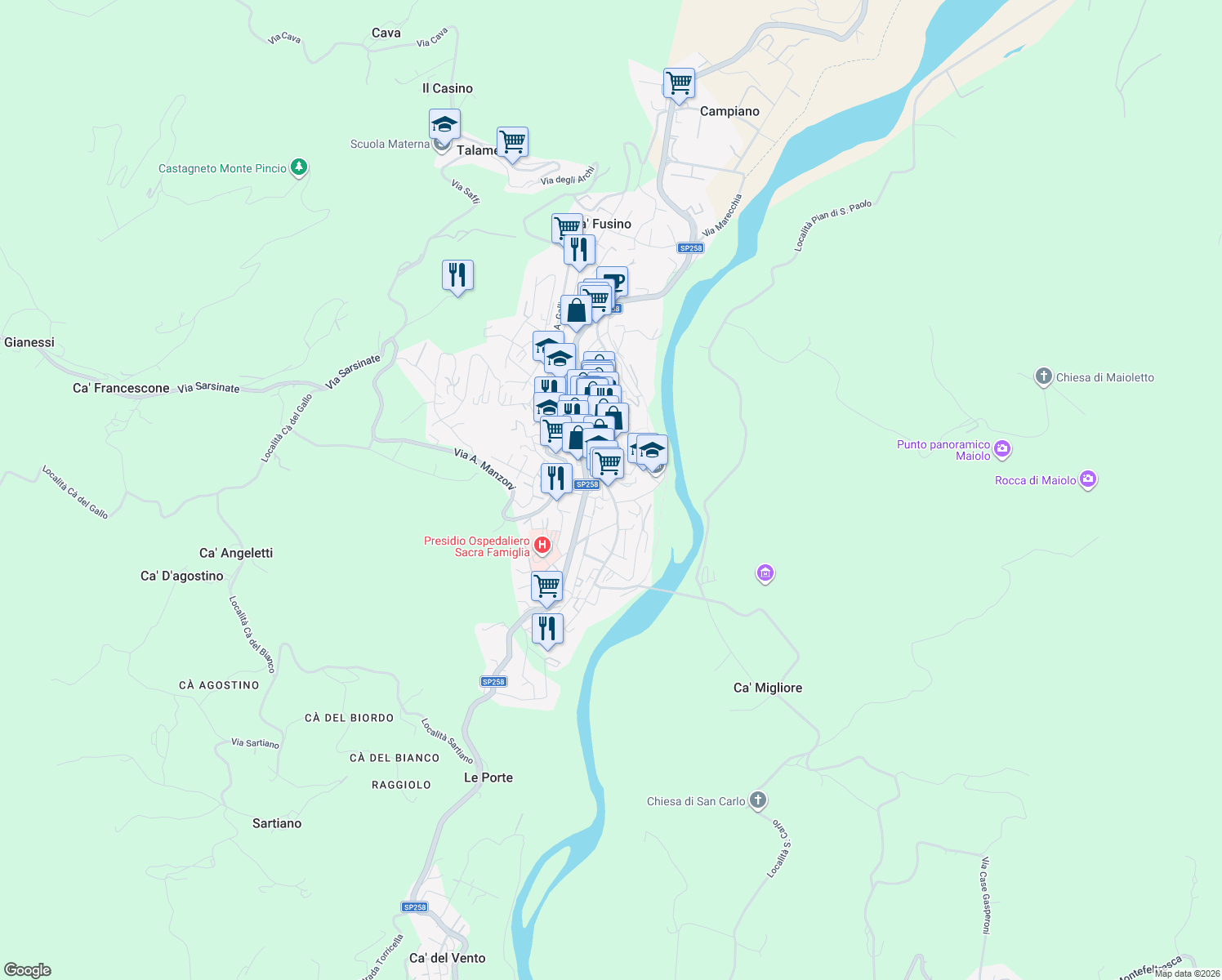map of restaurants, bars, coffee shops, grocery stores, and more near 17 Via IV Novembre in Novafeltria
