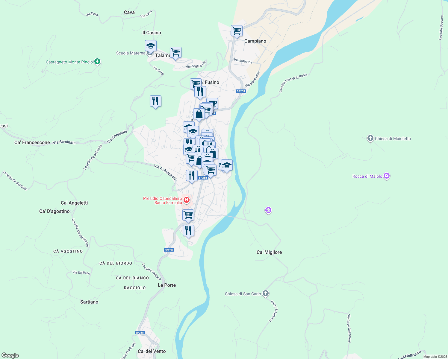 map of restaurants, bars, coffee shops, grocery stores, and more near 27 Via dello Sport in Novafeltria