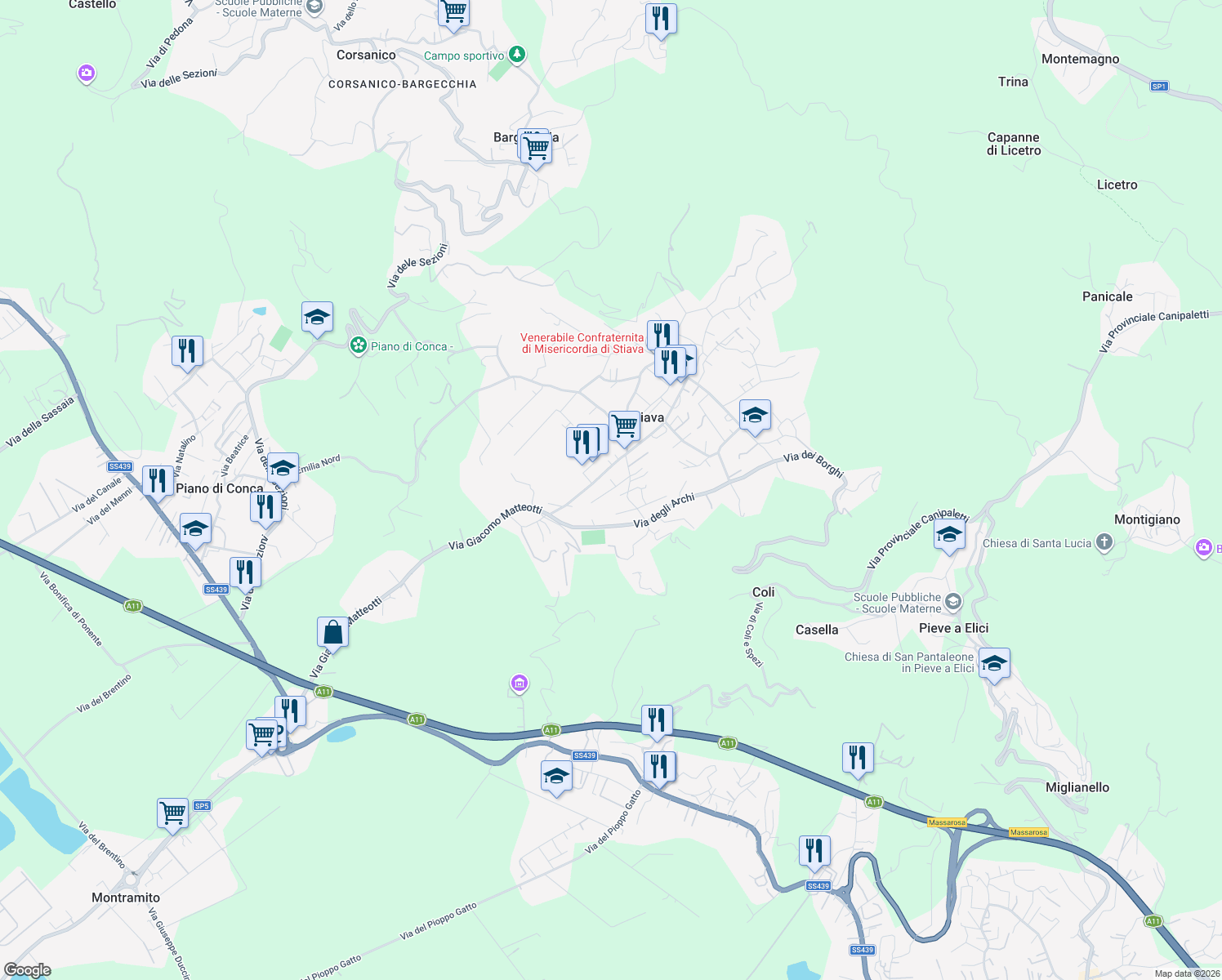 map of restaurants, bars, coffee shops, grocery stores, and more near 160E Via Emilia Sud in Stiava