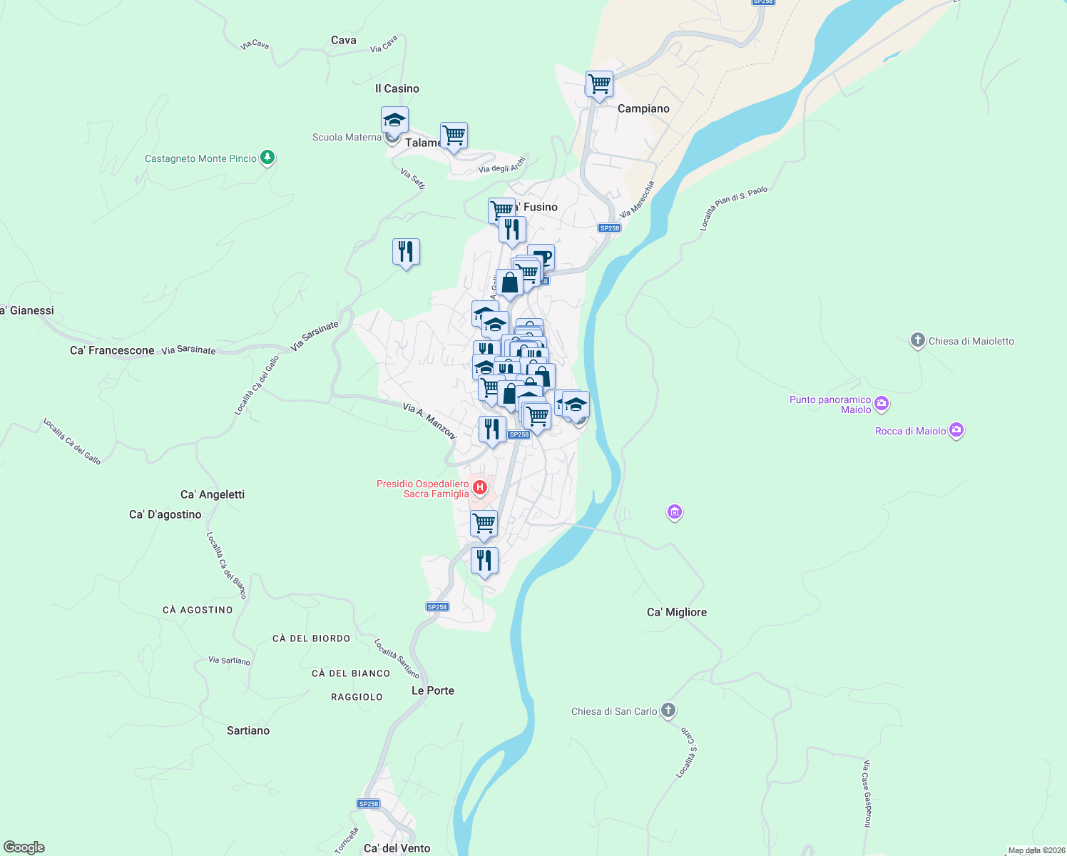 map of restaurants, bars, coffee shops, grocery stores, and more near 17 Via IV Novembre in Novafeltria