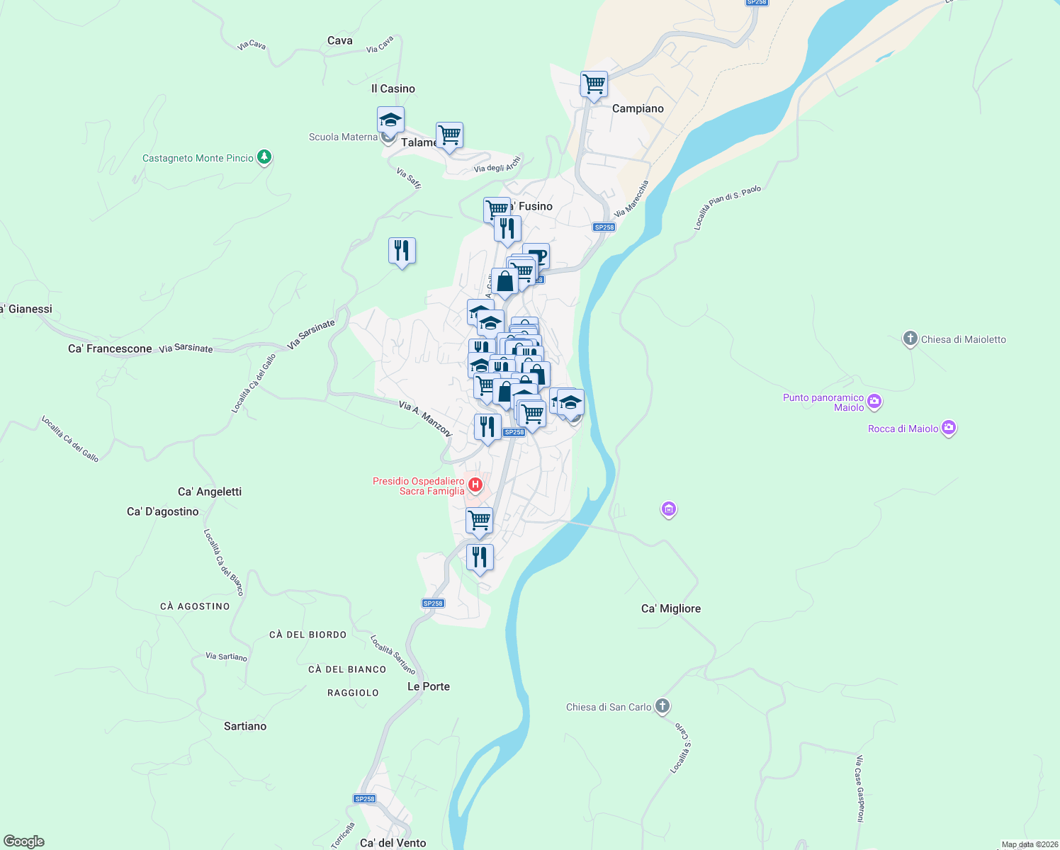 map of restaurants, bars, coffee shops, grocery stores, and more near 17 Via IV Novembre in Novafeltria