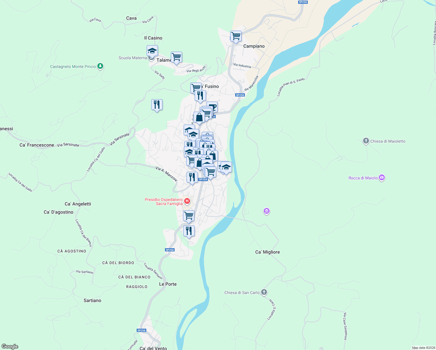 map of restaurants, bars, coffee shops, grocery stores, and more near 27 Via dello Sport in Novafeltria