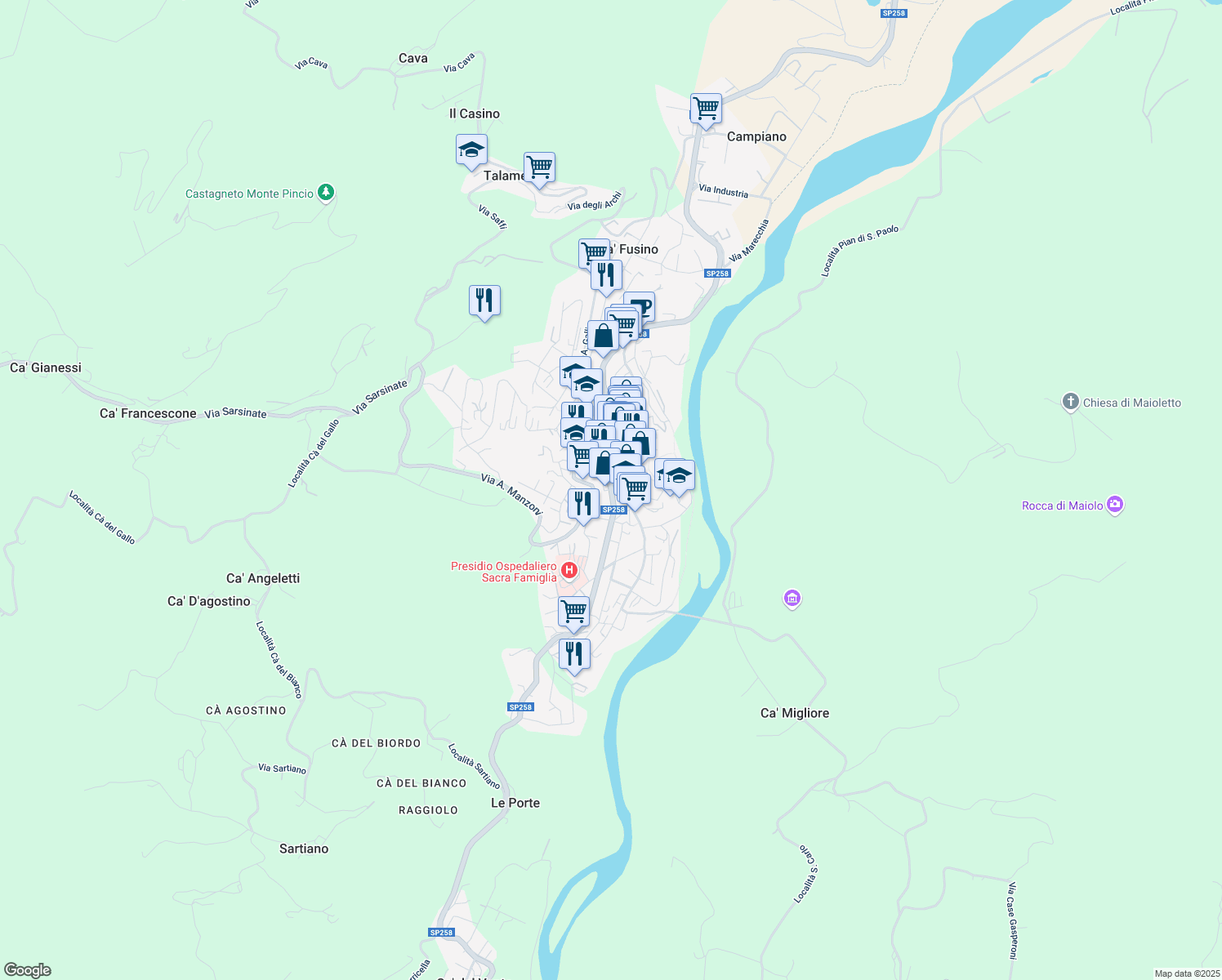 map of restaurants, bars, coffee shops, grocery stores, and more near 54 Via Giuseppe Mazzini in Novafeltria
