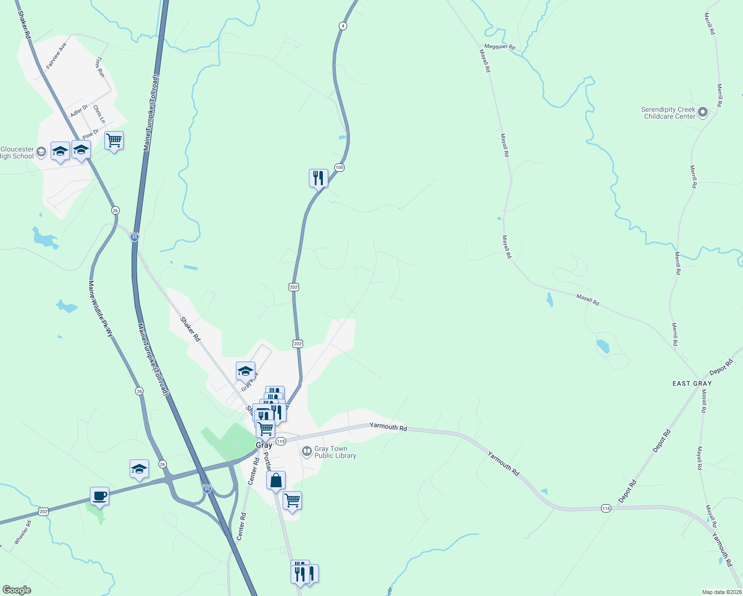 map of restaurants, bars, coffee shops, grocery stores, and more near 52 Colley Hill Road in Gray