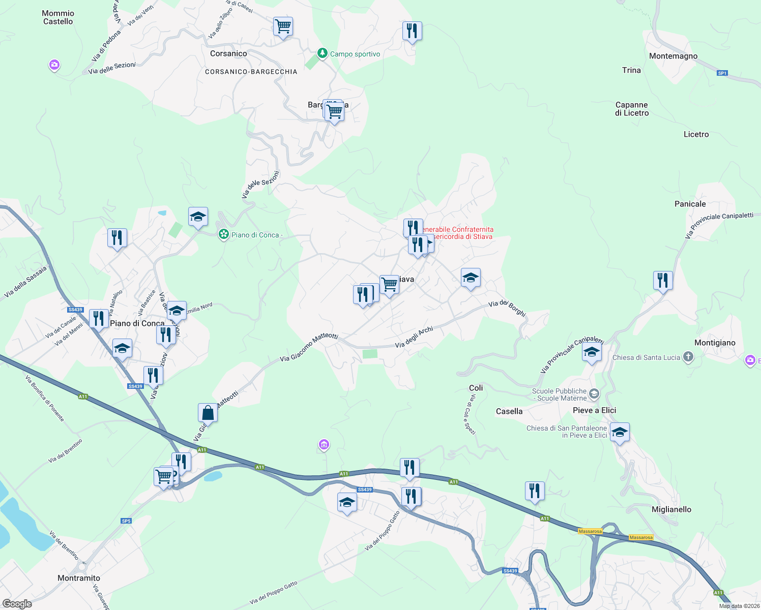 map of restaurants, bars, coffee shops, grocery stores, and more near 1829E Strada Comunale Giacomo Matteotti in Stiava