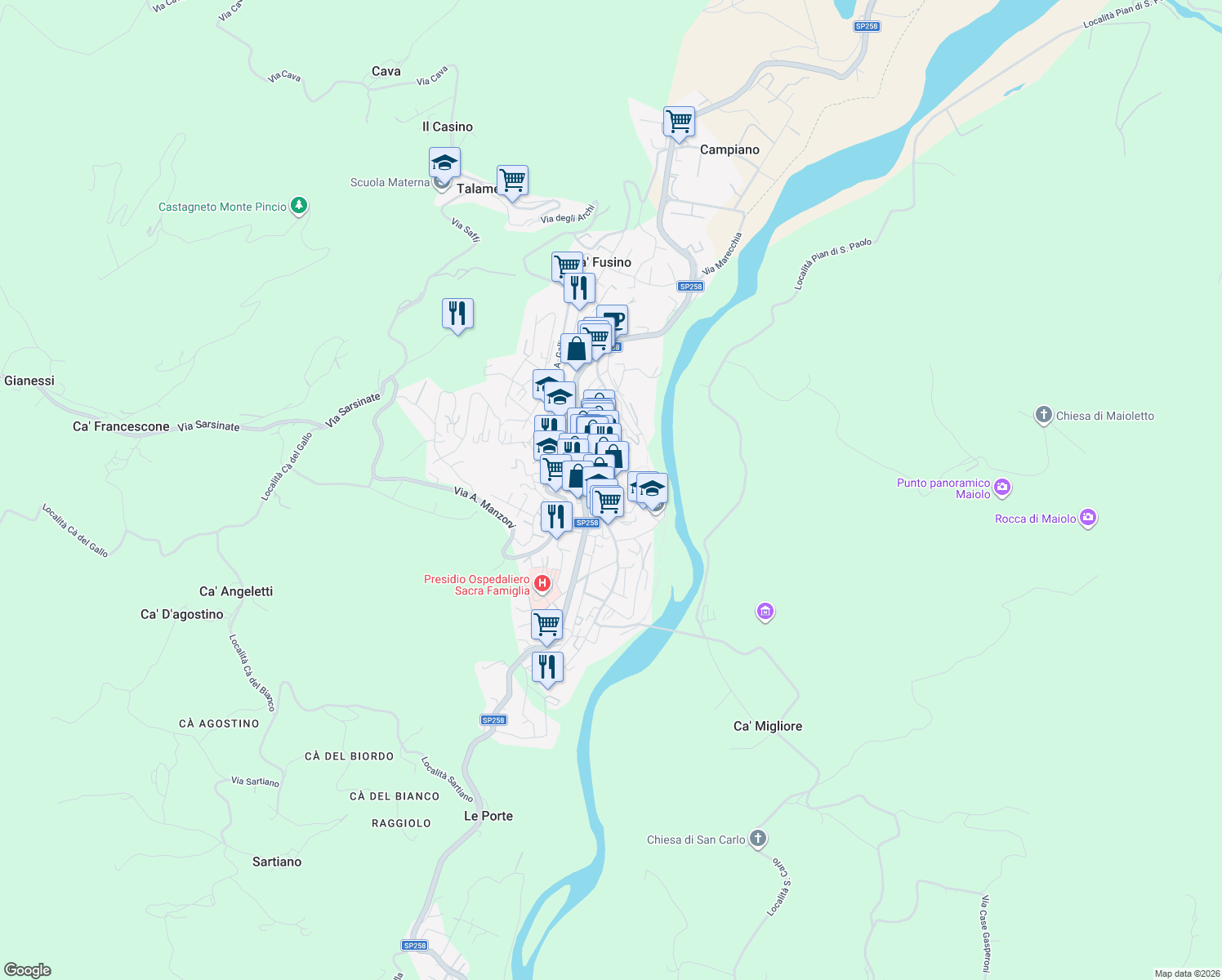 map of restaurants, bars, coffee shops, grocery stores, and more near 30 Via Aurelio Saffi in Novafeltria