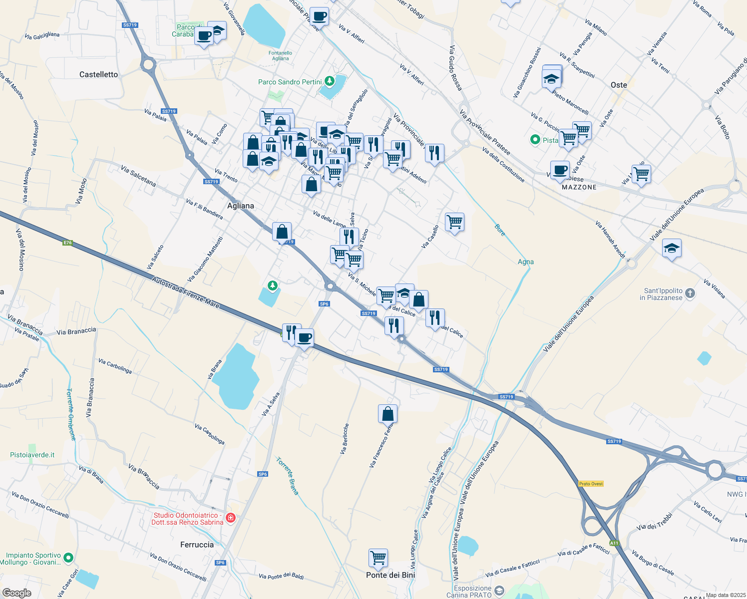 map of restaurants, bars, coffee shops, grocery stores, and more near 4 Via Chiusa in Agliana