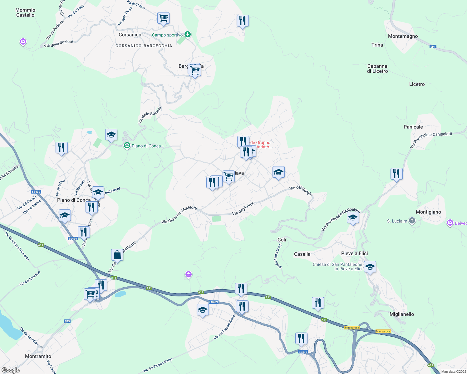 map of restaurants, bars, coffee shops, grocery stores, and more near 71 Via Beppino Cosci in Stiava
