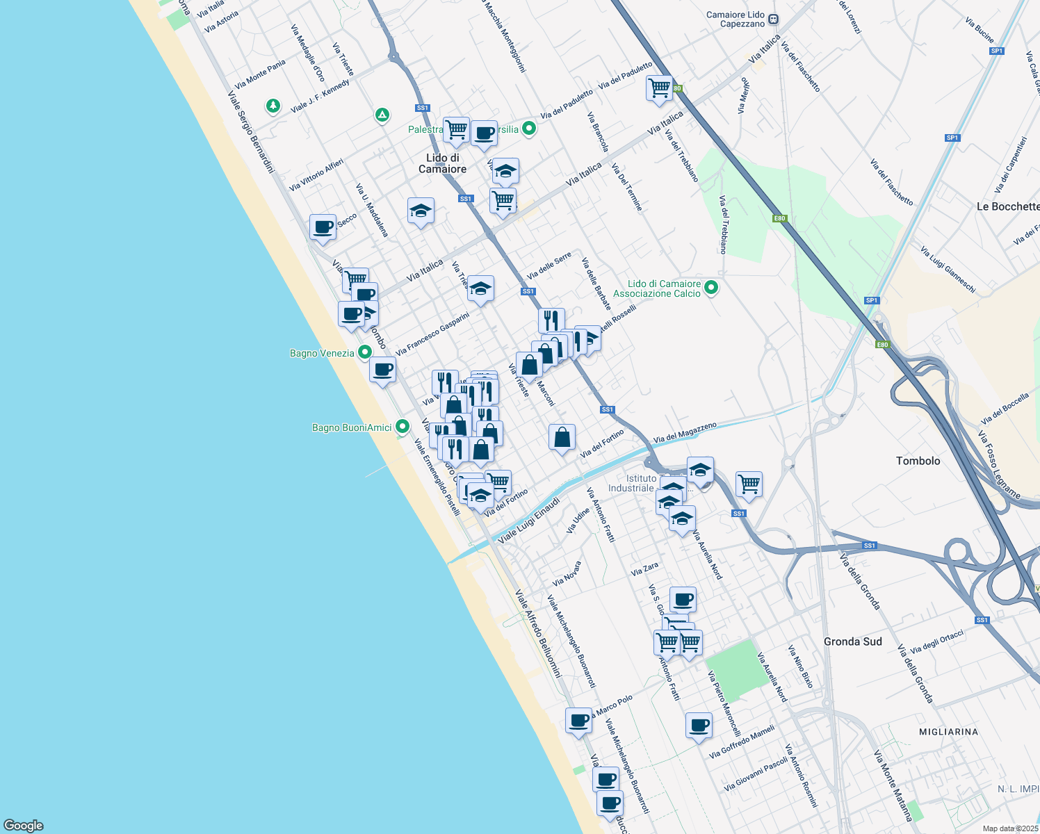 map of restaurants, bars, coffee shops, grocery stores, and more near 51 Via XXV Luglio in Lido di Camaiore