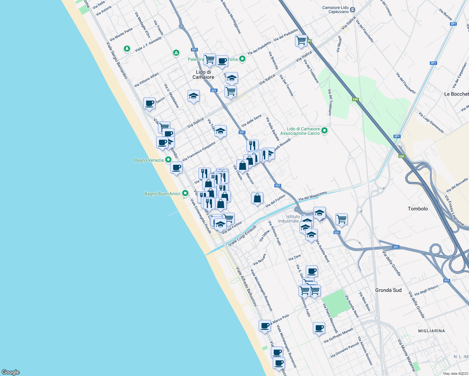 map of restaurants, bars, coffee shops, grocery stores, and more near 51 Via XXV Luglio in Lido di Camaiore