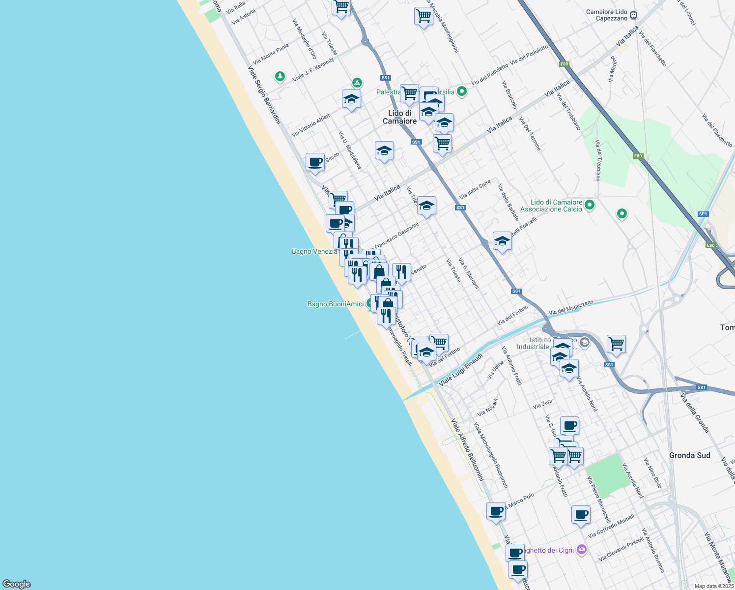 map of restaurants, bars, coffee shops, grocery stores, and more near Pontile Lungomare Europa in Lido di Camaiore
