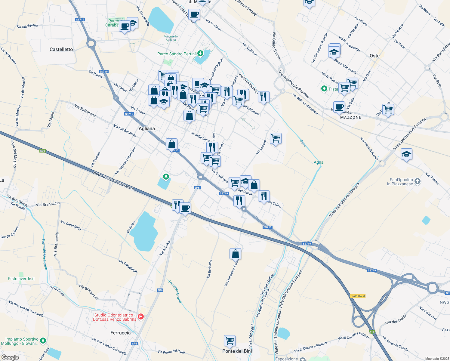 map of restaurants, bars, coffee shops, grocery stores, and more near 4 Via Chiusa in Agliana