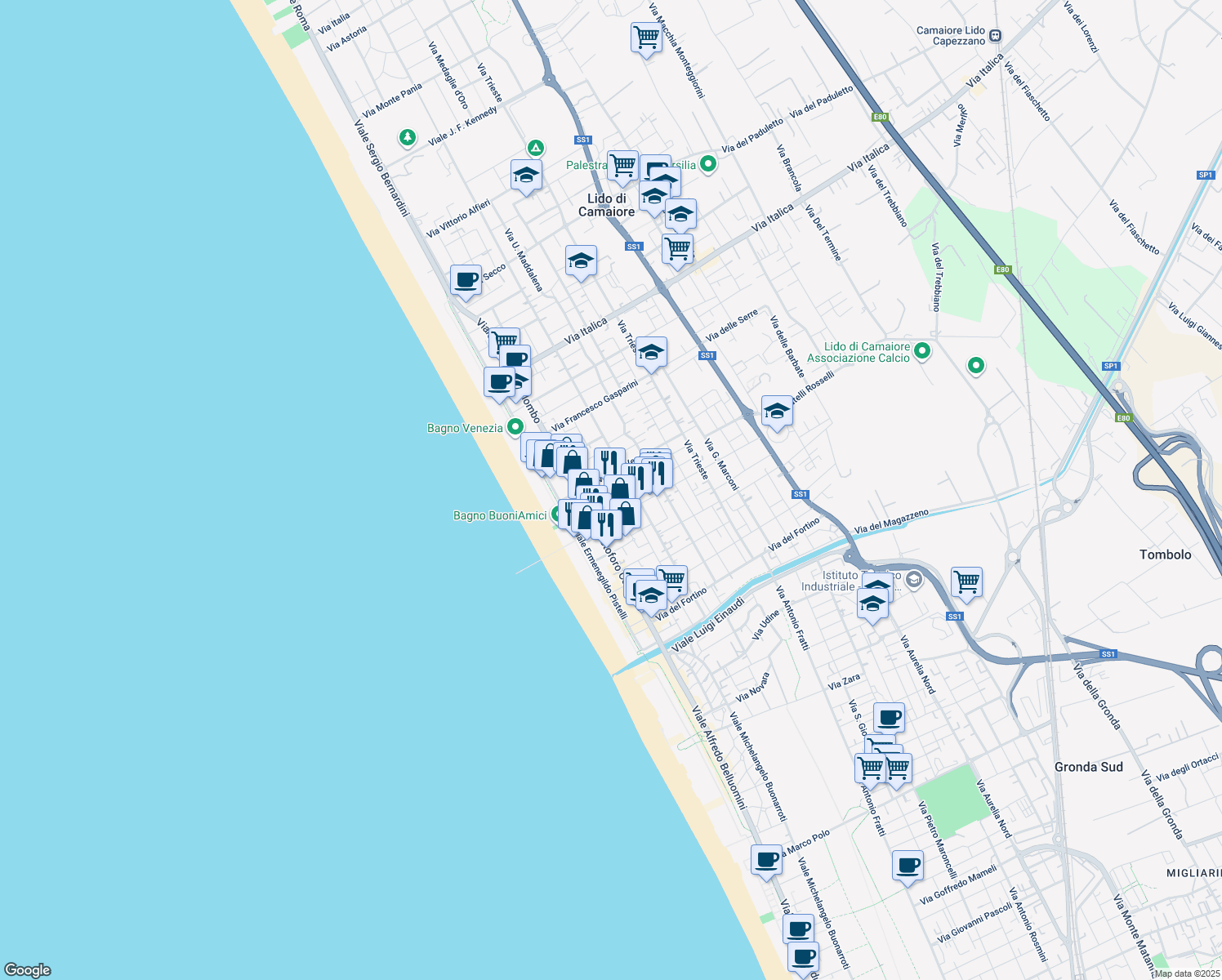 map of restaurants, bars, coffee shops, grocery stores, and more near 22 Via Don Giovanni Minzoni in Camaiore