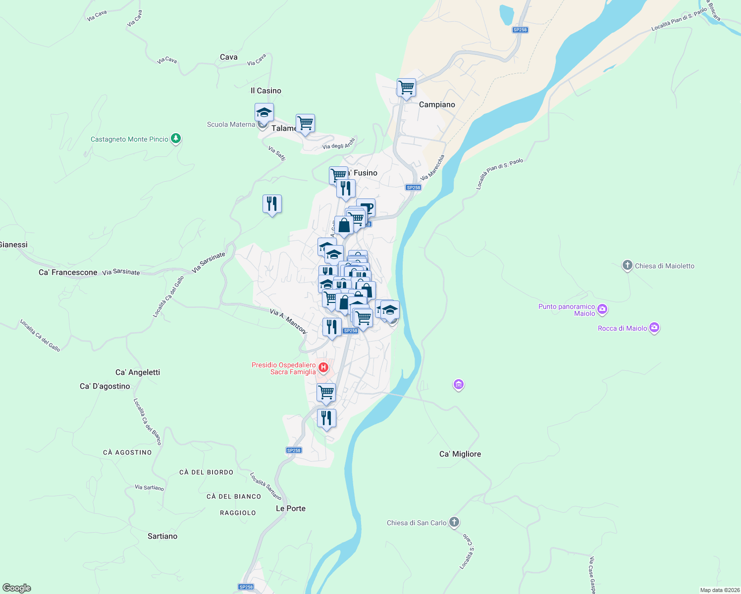 map of restaurants, bars, coffee shops, grocery stores, and more near 30 Via Aurelio Saffi in Novafeltria