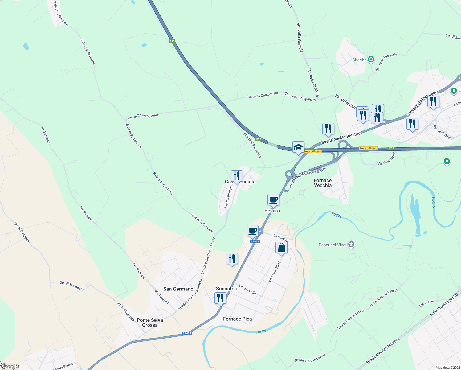 map of restaurants, bars, coffee shops, grocery stores, and more near 20 Via dei Frutteti in Case Bruciate