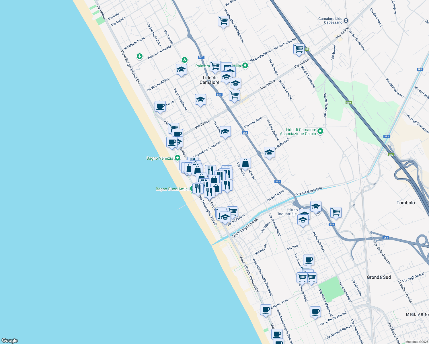 map of restaurants, bars, coffee shops, grocery stores, and more near 47 Via Vittorio Veneto in Camaiore