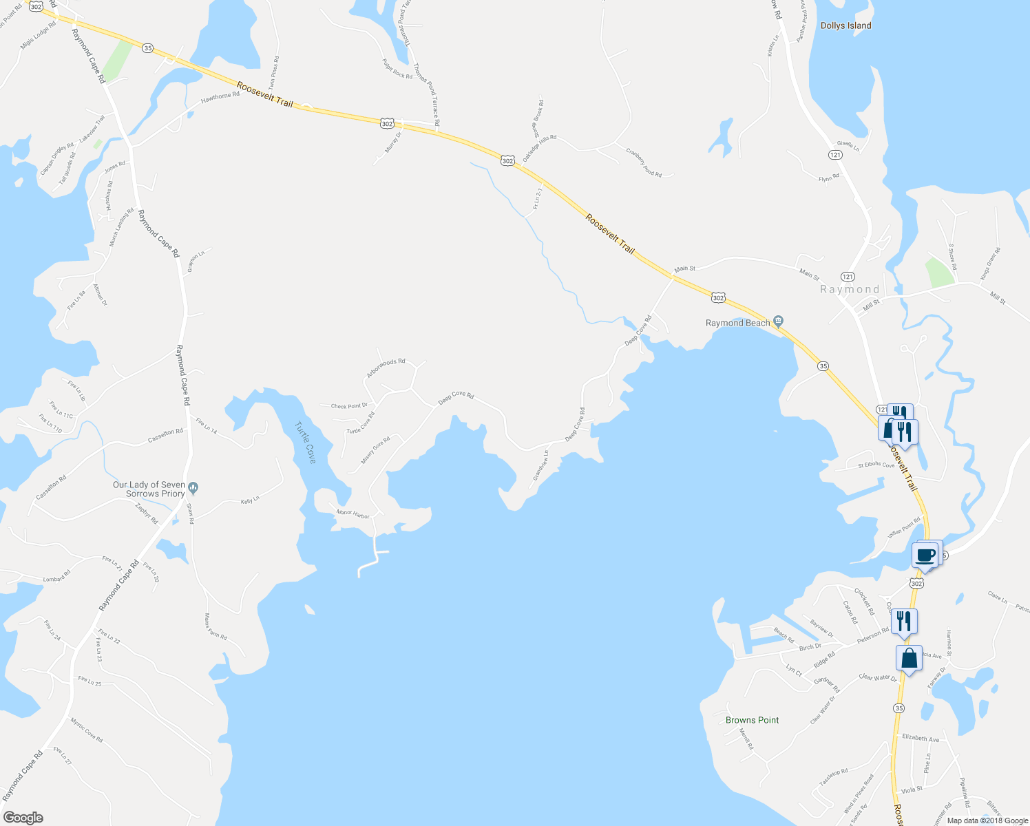 map of restaurants, bars, coffee shops, grocery stores, and more near 99 Deep Cove Road in Raymond