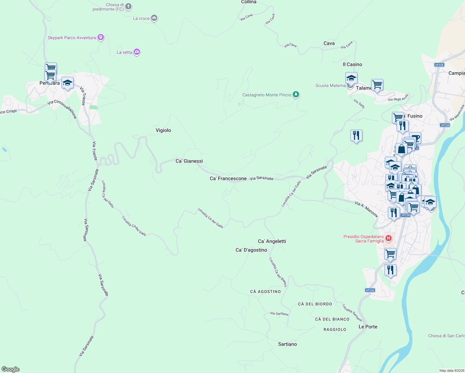 map of restaurants, bars, coffee shops, grocery stores, and more near 15 Località Cà Francesconi in Ca' Francescone