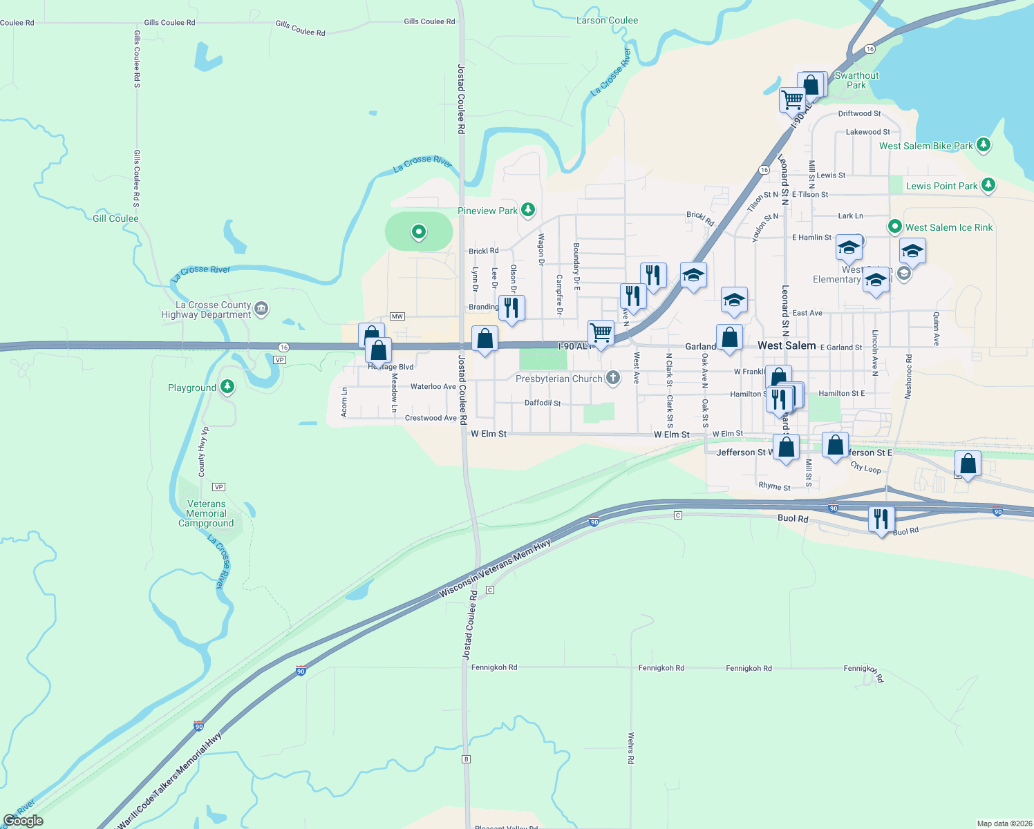 map of restaurants, bars, coffee shops, grocery stores, and more near 121 Susan Ct in West Salem