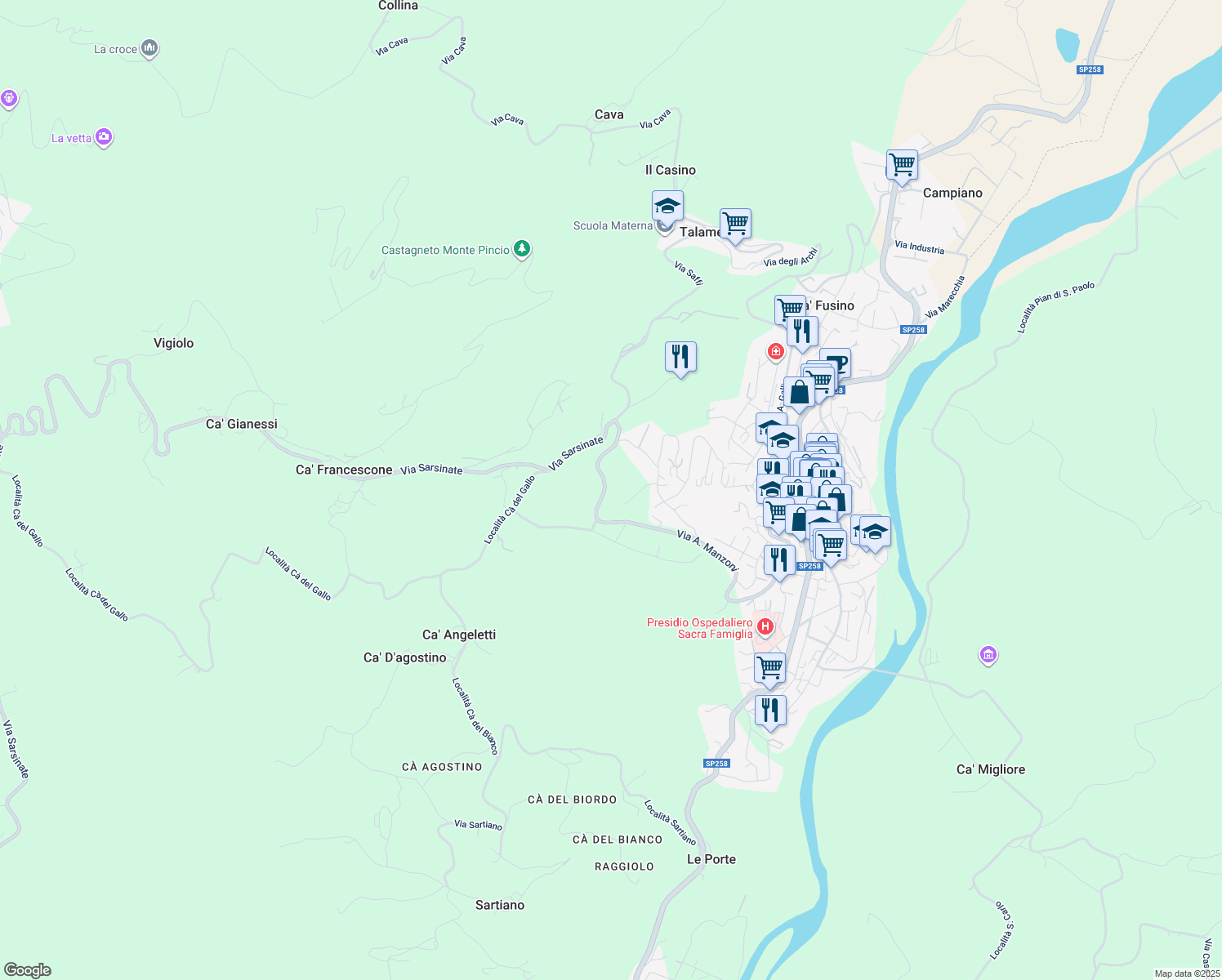 map of restaurants, bars, coffee shops, grocery stores, and more near 38 Via A. Manzoni in Provincia di Rimini