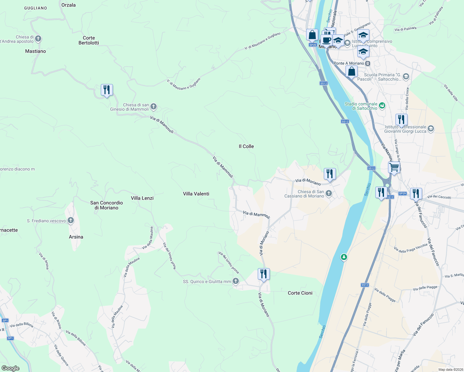 map of restaurants, bars, coffee shops, grocery stores, and more near 731 Via di Mammoli in Lucca