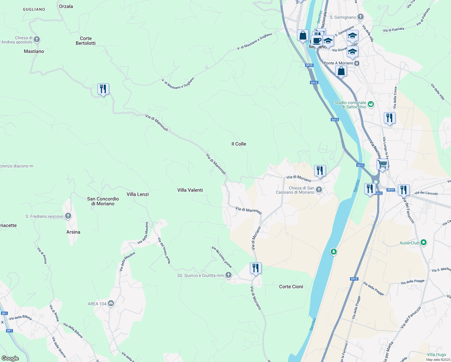 map of restaurants, bars, coffee shops, grocery stores, and more near 731 Via di Mammoli in Lucca