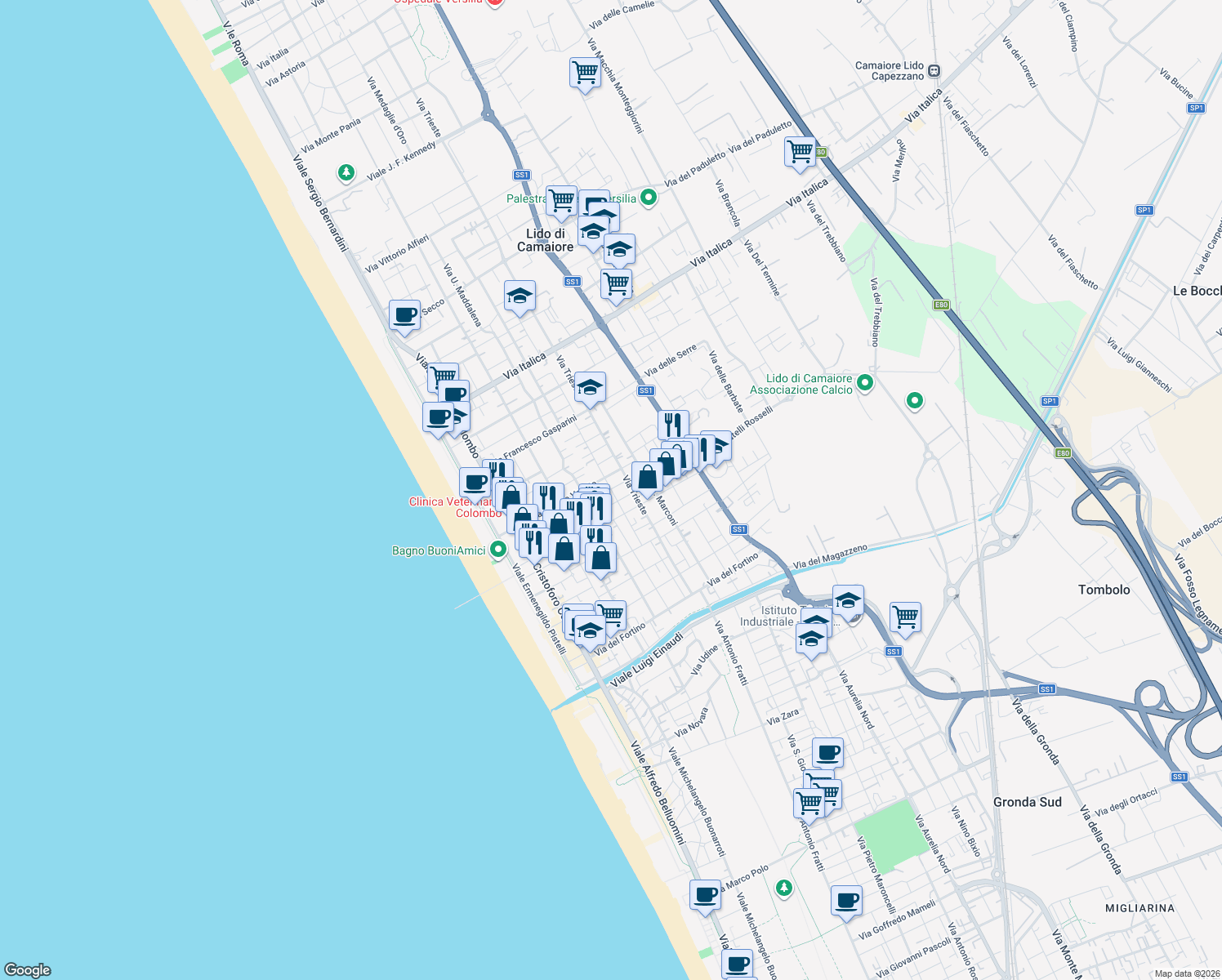 map of restaurants, bars, coffee shops, grocery stores, and more near 65 Via Don Minzoni in Camaiore