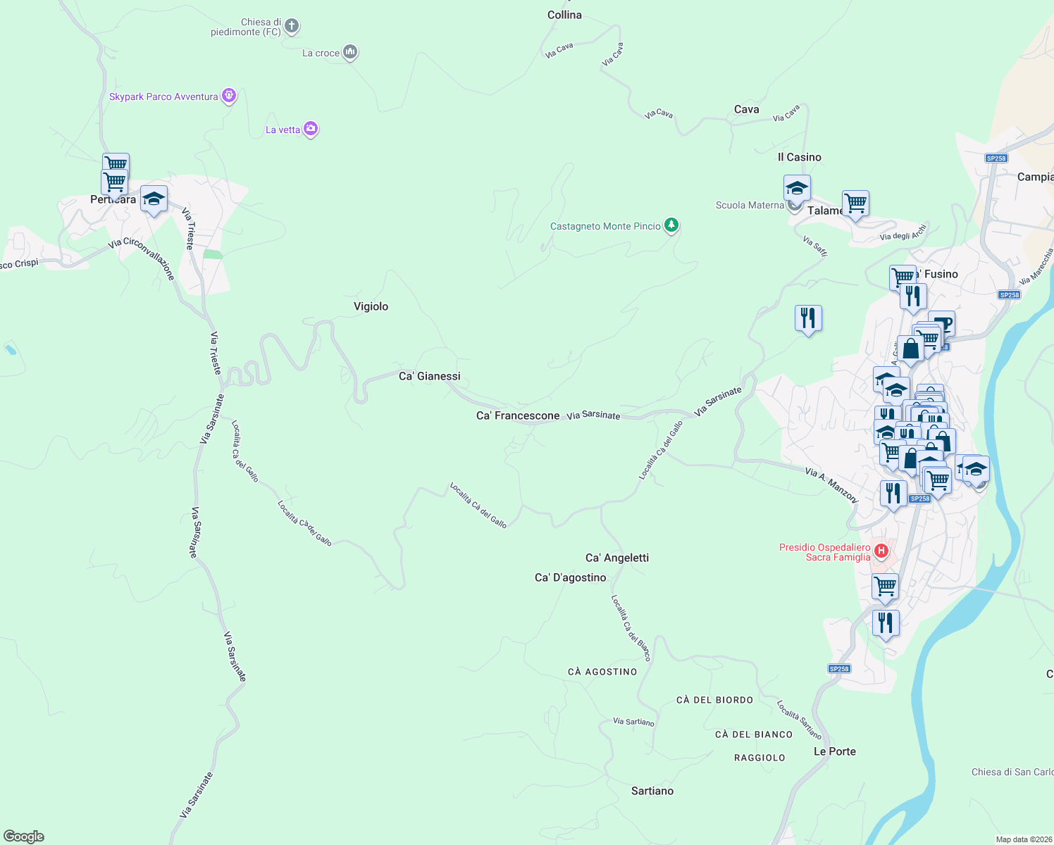 map of restaurants, bars, coffee shops, grocery stores, and more near 15 Località Cà Francesconi in Ca' Francescone