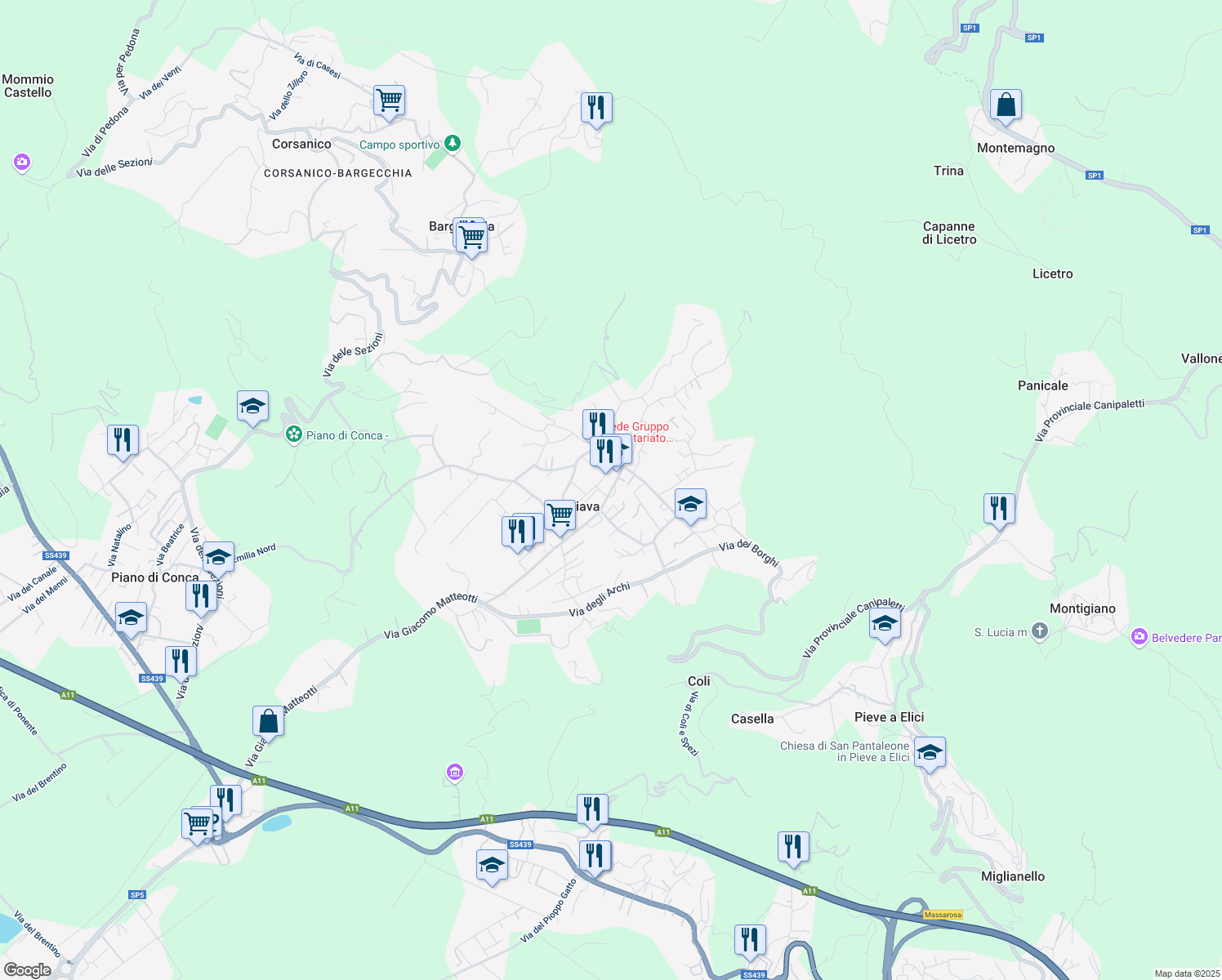 map of restaurants, bars, coffee shops, grocery stores, and more near 2155 Strada Comunale Giacomo Matteotti in Stiava