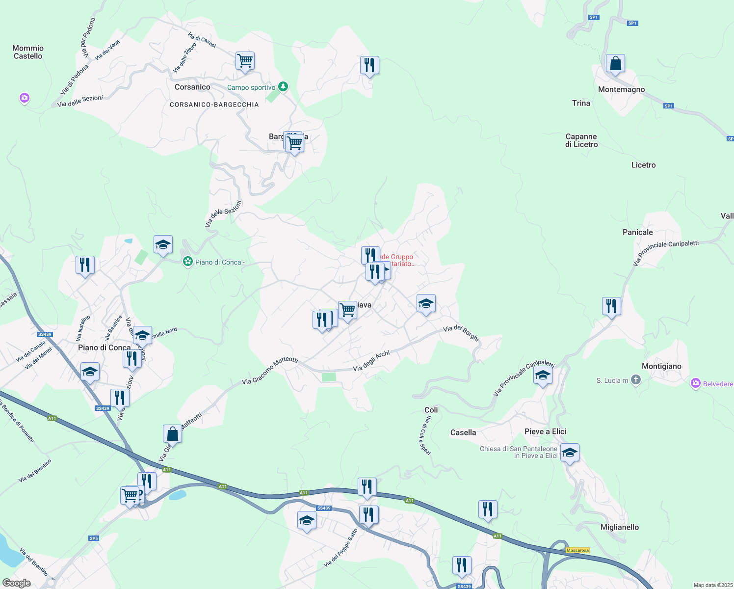 map of restaurants, bars, coffee shops, grocery stores, and more near 2155 Strada Comunale Giacomo Matteotti in Stiava