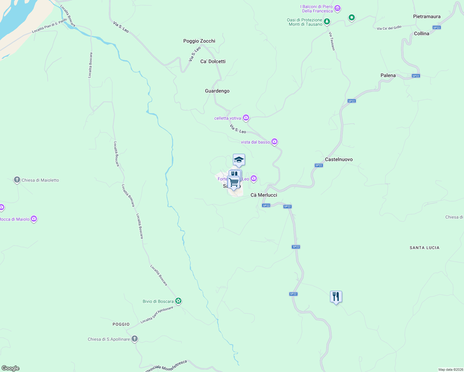 map of restaurants, bars, coffee shops, grocery stores, and more near in San Leo