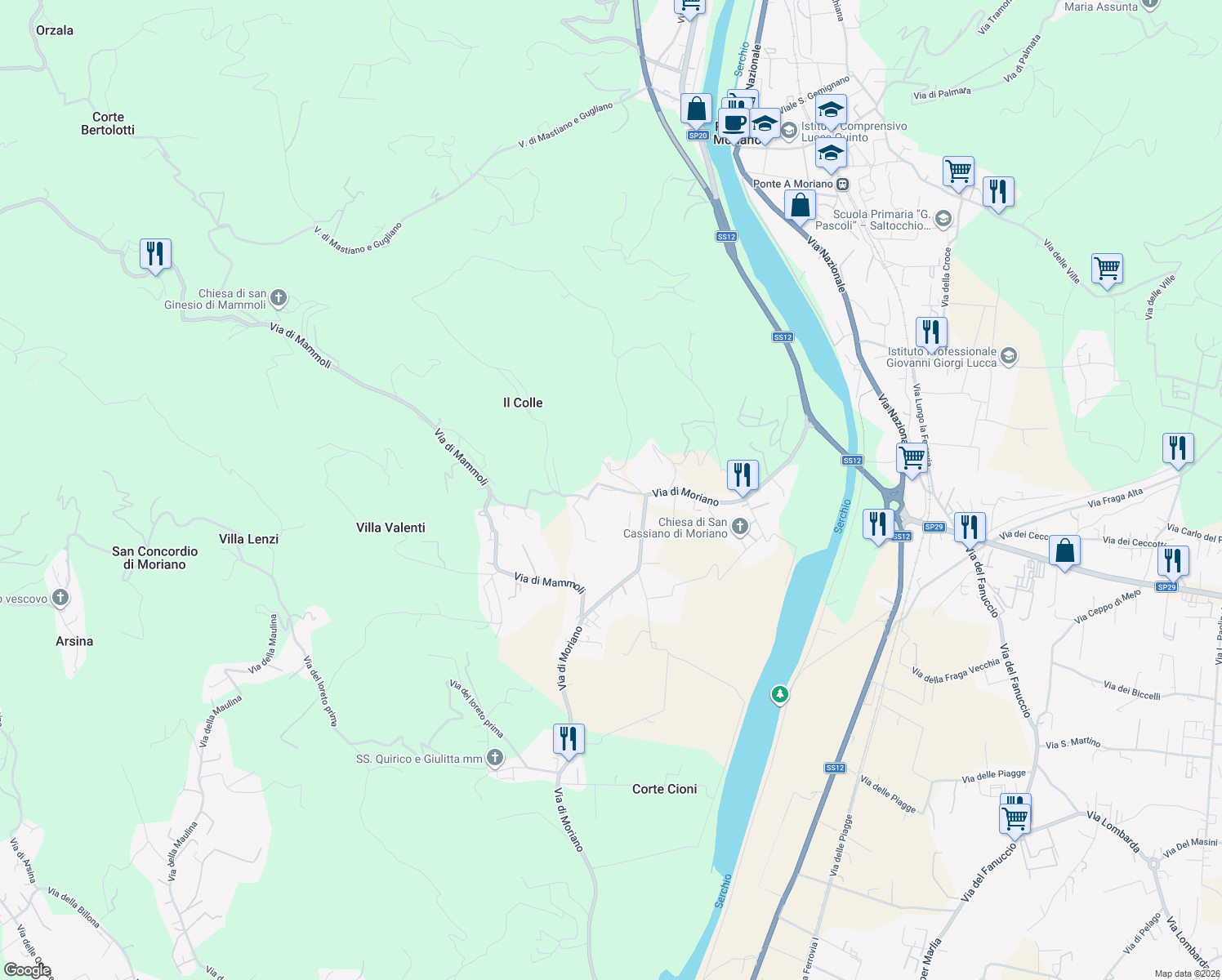 map of restaurants, bars, coffee shops, grocery stores, and more near 208 Via di Villa Mansi in Lucca
