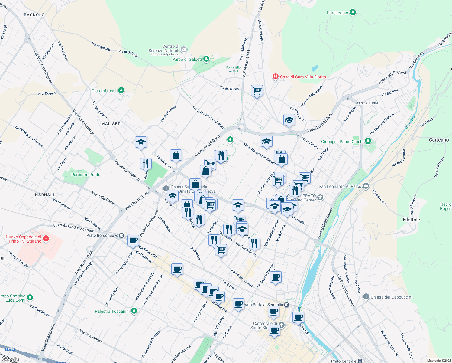 map of restaurants, bars, coffee shops, grocery stores, and more near 11 Via Tanaro in Prato