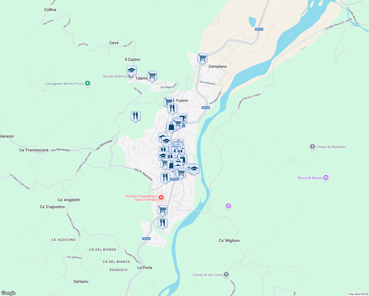 map of restaurants, bars, coffee shops, grocery stores, and more near 84 Via Cavour in Novafeltria