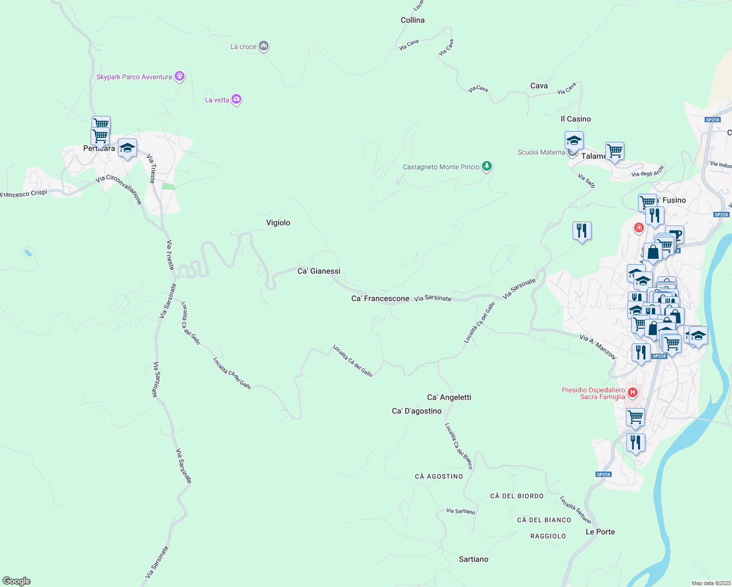 map of restaurants, bars, coffee shops, grocery stores, and more near 36 Località Pozzo in Ca' Francescone