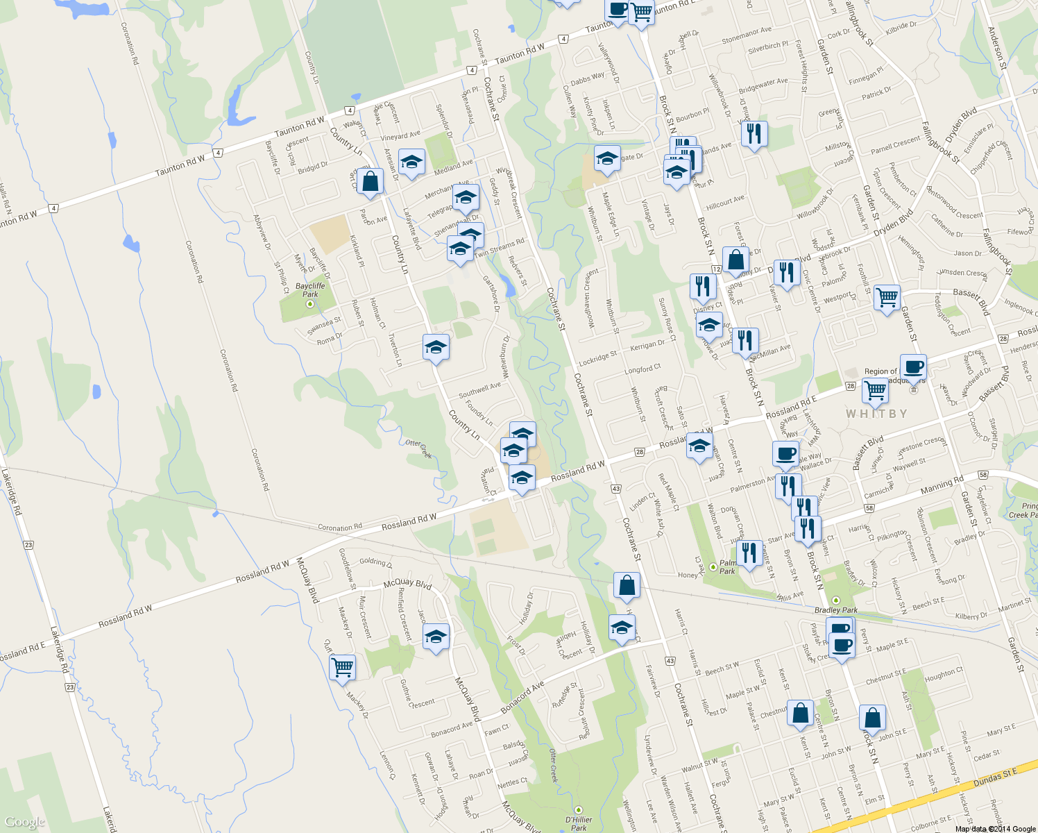 map of restaurants, bars, coffee shops, grocery stores, and more near 27 Wetherburn Drive in Whitby