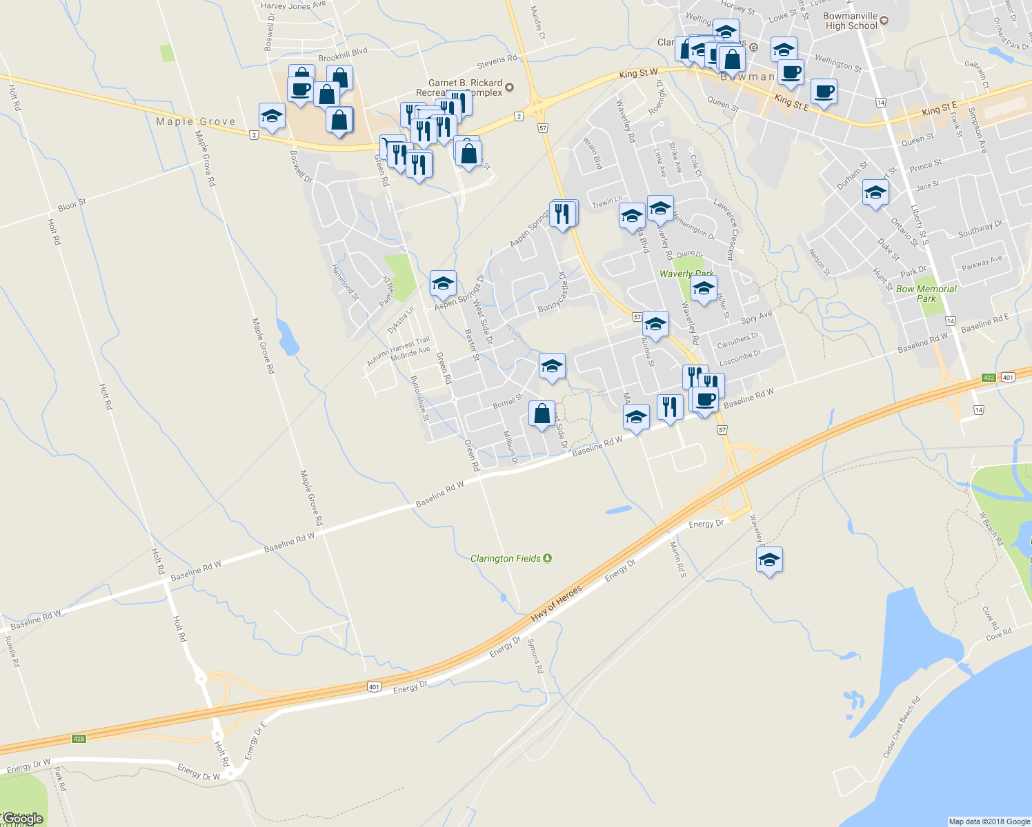 map of restaurants, bars, coffee shops, grocery stores, and more near 52 Bannister Street in Bowmanville