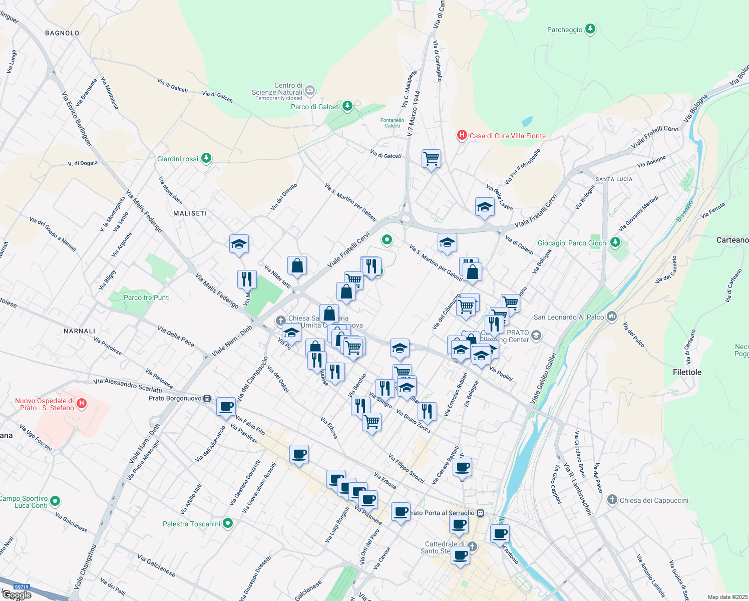 map of restaurants, bars, coffee shops, grocery stores, and more near 11 Via Tanaro in Prato
