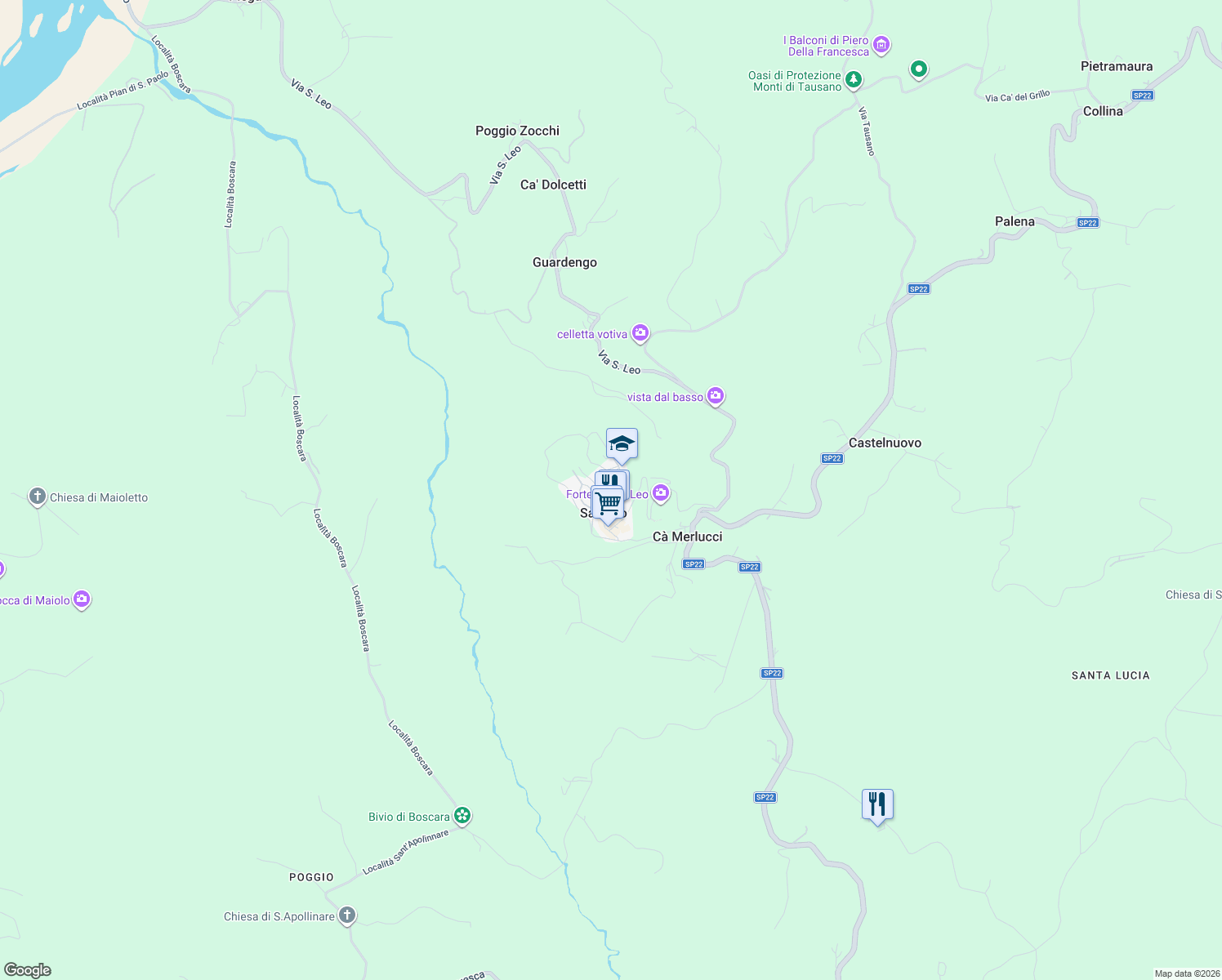 map of restaurants, bars, coffee shops, grocery stores, and more near 6 Via Pietro Toselli in San Leo